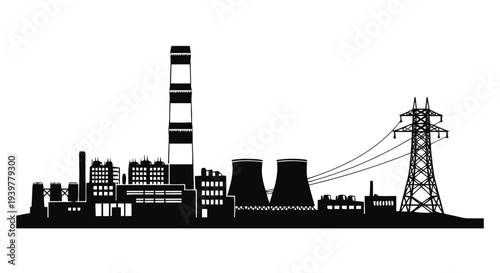 Vector illustration of industrial factory silhouette with power plant and electricity transmission tower on a transparent background