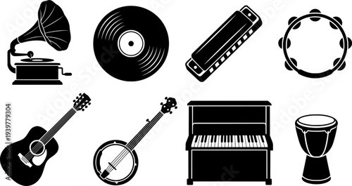Musical instruments in vintage line art illustration showcasing acoustic guitar banjo gramophone record and other music essentials
