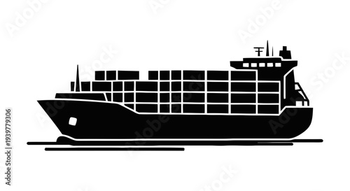 Vector illustration of black silhouette of a cargo container ship icon on a transparent background