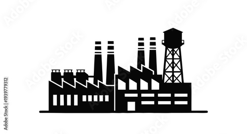 Vector illustration of industrial factory building silhouette with smokestacks and water tower on a transparent background