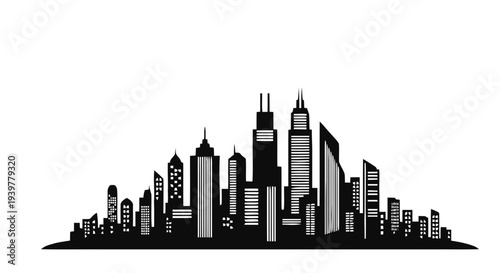 Vector illustration of black and white city skyline silhouette illustration on a transparent background
