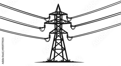 Vector illustration of electric power transmission tower silhouette on a transparent background