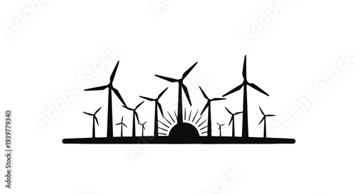 Vector illustration of wind turbine farm silhouette on a transparent background