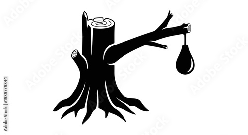 Vector illustration of black silhouette of a tree stump with a hanging pear fruit on a transparent background