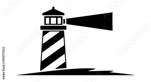 Vector illustration of black silhouette of a lighthouse with a light beam on a transparent background