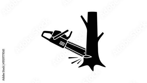 Vector illustration of chainsaw cutting tree trunk icon on a transparent background