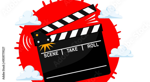 Vibrant film clapper board with dynamic clouds and red background