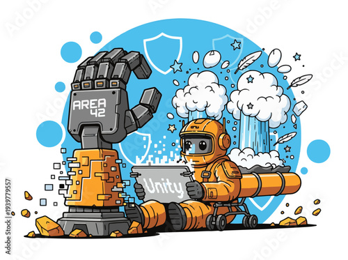 Robot and astronaut collaborate on unity project with futuristic technology