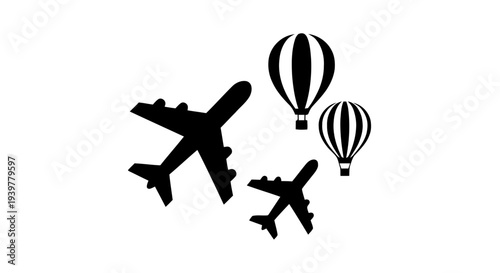 Vector illustration of airplane and hot air balloon icons on a transparent background