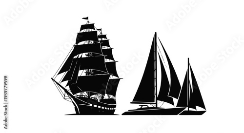 Vector illustration of silhouette of sailing ships and yachts on a transparent background