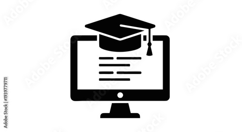 Vector illustration of online education icon with computer and graduation cap on a transparent background