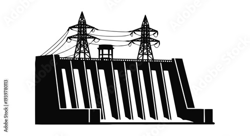 Vector illustration of hydroelectric dam icon with power transmission towers silhouette on a transparent background