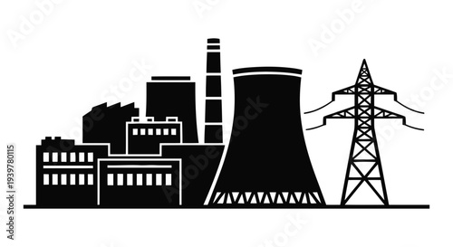 Vector illustration of industrial factory and power plant silhouette with electricity transmission tower on a transparent background