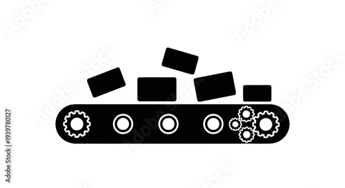 Vector illustration of conveyor belt with boxes and gears icon on a transparent background