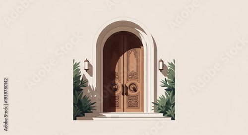 Elegant arched wooden door lanterns potted plants classic entrance vector illustration