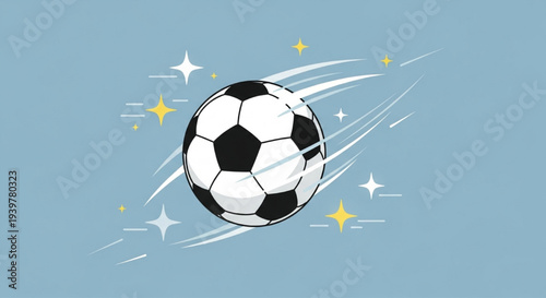 Energetic soccer ball motion trails sparkles blue background vector illustration