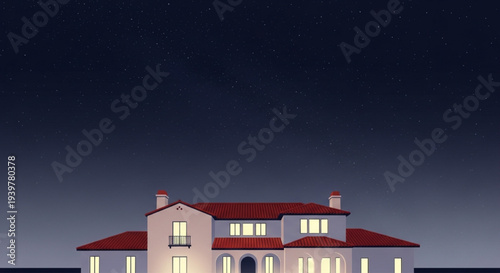Cozy house red roof illuminated windows night dark sky vector illustration