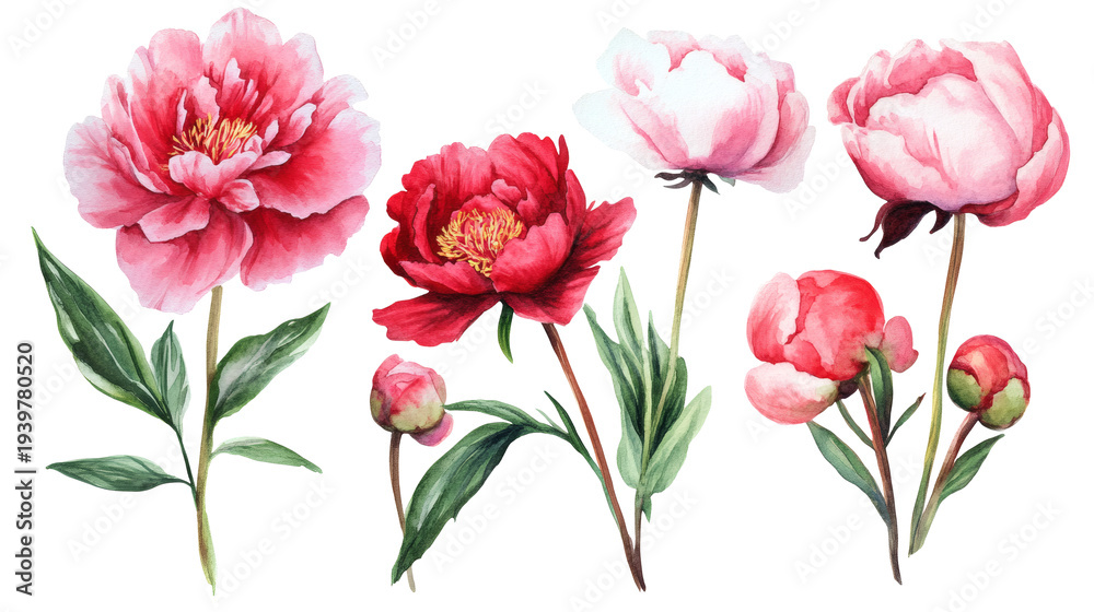 Fototapeta premium Watercolor peony stems and buds in shades of red and pink, isolated on white, botanical arrangement