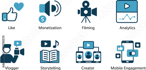 Flat vector icon set featuring podcast microphone recording and storytelling themes perfect for social media audio broadcasting content creation media production and digital communication