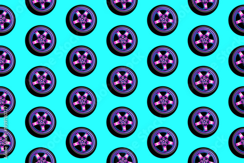 Magenta Car Wheel Seamless Pattern Automotive Background. Car Parts With Alloy Wheel for Racing Theme Vector Design