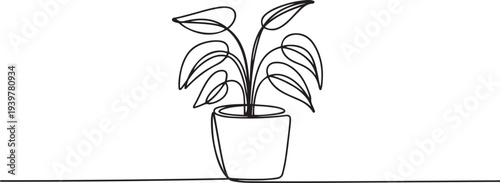 Potted house plant outline drawing illustration. one continuous line drawing of plant in the pot for house decoration. one line Icon drawing