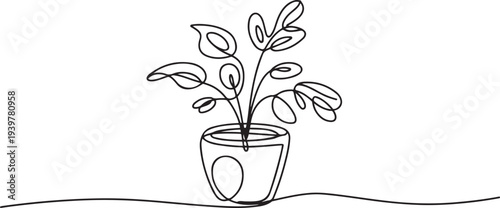 Potted house plant outline drawing illustration. one continuous line drawing of plant in the pot for house decoration. one line Icon drawing