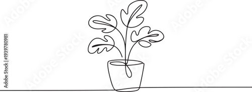Potted house plant outline drawing illustration. one continuous line drawing of plant in the pot for house decoration. one line Icon drawing
