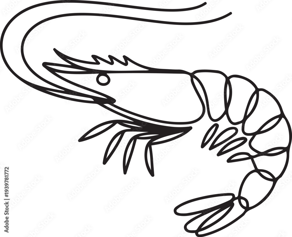 Obraz premium Shrimp illustration in continuous one line drawing. Prawn in one line draw. Editable vector. one line Icon drawing