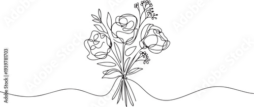 Flower bouquet in continuous one line drawing. Single line art illustration of romantic flower bouquet. Editable vector. one line Icon drawing