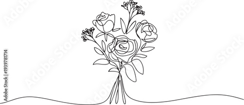 Flower bouquet in continuous one line drawing. Single line art illustration of romantic flower bouquet. Editable vector. one line Icon drawing