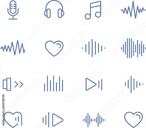 Set of audio and music icons including microphone, headphones, sound waves, play button, and heart symbols