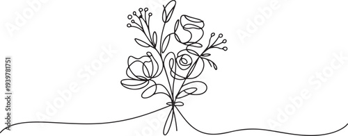 Flower bouquet in continuous one line drawing. Single line art illustration of romantic flower bouquet. Editable vector. one line Icon drawing