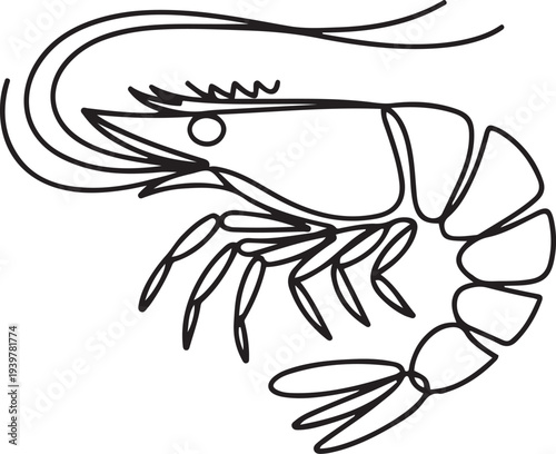Shrimp illustration in continuous one line drawing. Prawn in one line draw. Editable vector. one line Icon drawing