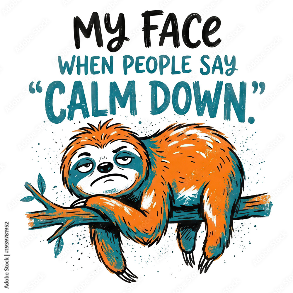 Fototapeta premium A colorful sloth lounging on a branch with a sarcastic sleepy expression and the text My face when people say Calm down