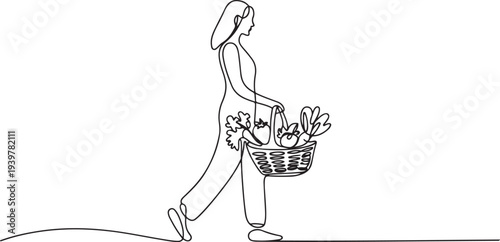 Woman carrying shopping basket continuous one line drawing. Woman holding basket with fresh organic vegetables in single line art illustration. one line Icon drawing