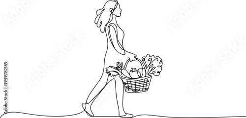 Woman carrying shopping basket continuous one line drawing. Woman holding basket with fresh organic vegetables in single line art illustration. one line Icon drawing