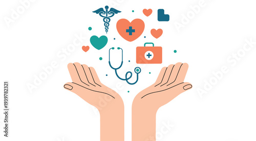 Illustration of two cupped hands holding colorful floating medical and healthcare icons representing hospital, pharmacy, wellness, treatment, medicine, and health services for concept, education, and 