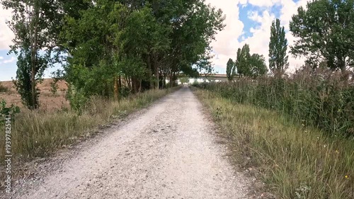 French Way of Saint James - dirt road along the canal de Castilla, north Canal next to Fromista, province of Palencia, Castile and Leon, Spain