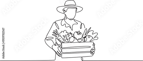 Farmer with vegetables continuous one line drawing. Farmer holding box with full of vegetables in single line art illustration. one line Icon drawing