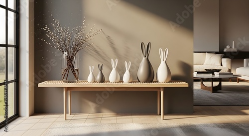 Celebrating a happy easter day: Modern living room with elegant rabbit figurines, pussy willow, and bright natural light.
