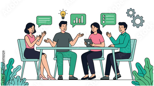 Business team collaborates around table, discussing growth and new strategies