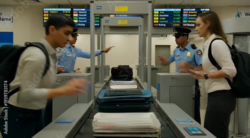 passengers going through airport security checkpoint with security personnel directing traffic