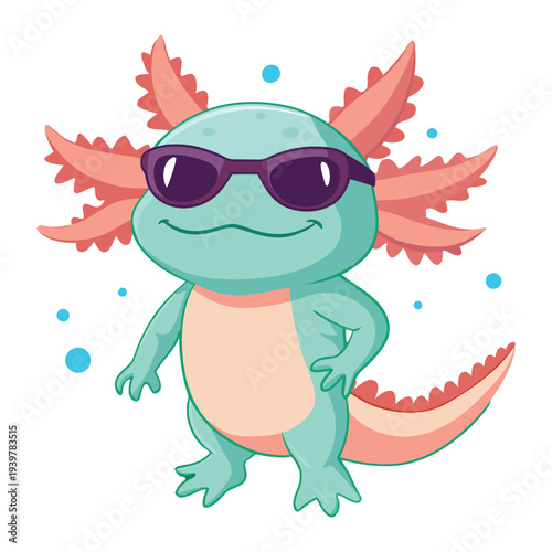 A cartoon axolotl wearing sunglasses smiles playfully showcasing a cute and whimsical design