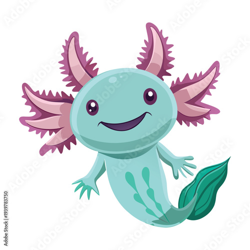 A charming cartoon axolotl with pink gills and a smiling expression is depicted