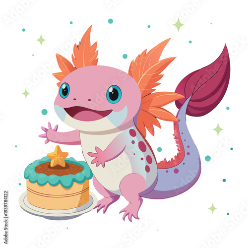 A charming cartoon axolotl celebrates with a colorful birthday cake and sparkling confetti