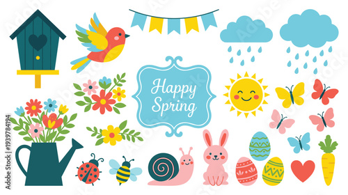 Colorful spring season elements with cute animals and garden flowers