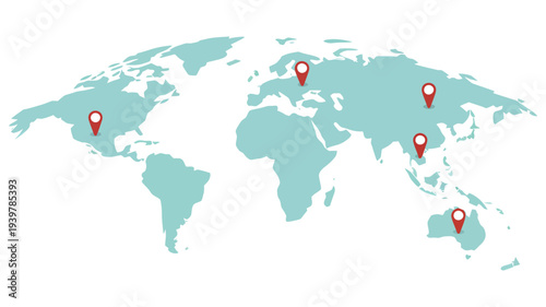 Vector world map with location pointers, global navigation and travel concept, highlighting destinations, routes, and connections for business, education, infographic, and geographic illustration proj