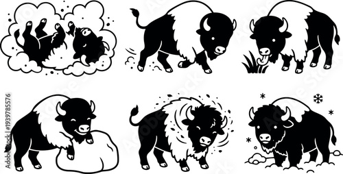 Tattoo flash buffalo vector set six playful american bison poses close up grazing charging rolling in snow bold black silhouette illustration