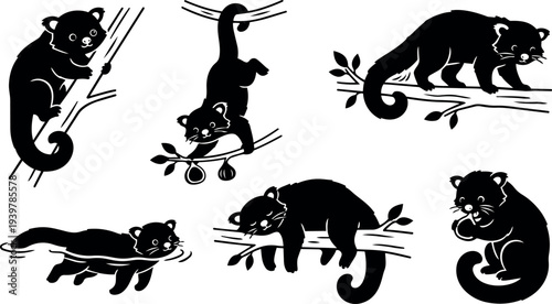 Silhouette vector set showing six playful tree dwelling marsupials on branches and hanging poses in bold black flat design isolated composition