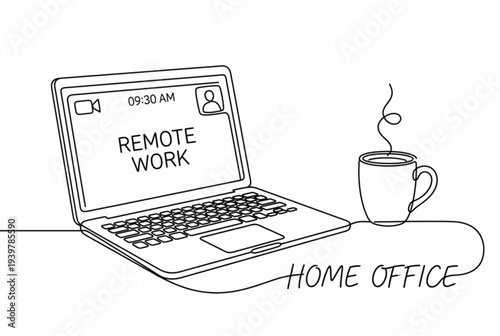 Vector illustration of remote work from home office with laptop and coffee